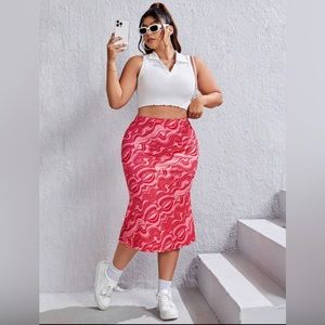 pink and red midi skirt with swirl wave pattern and lettuce edge plus size